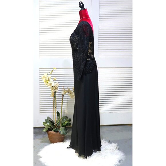 MGNY Women Black Long Sleeve Lace & Beaded Gown Formal Evening Dress Sz 10 2580 - Picture 5 of 16